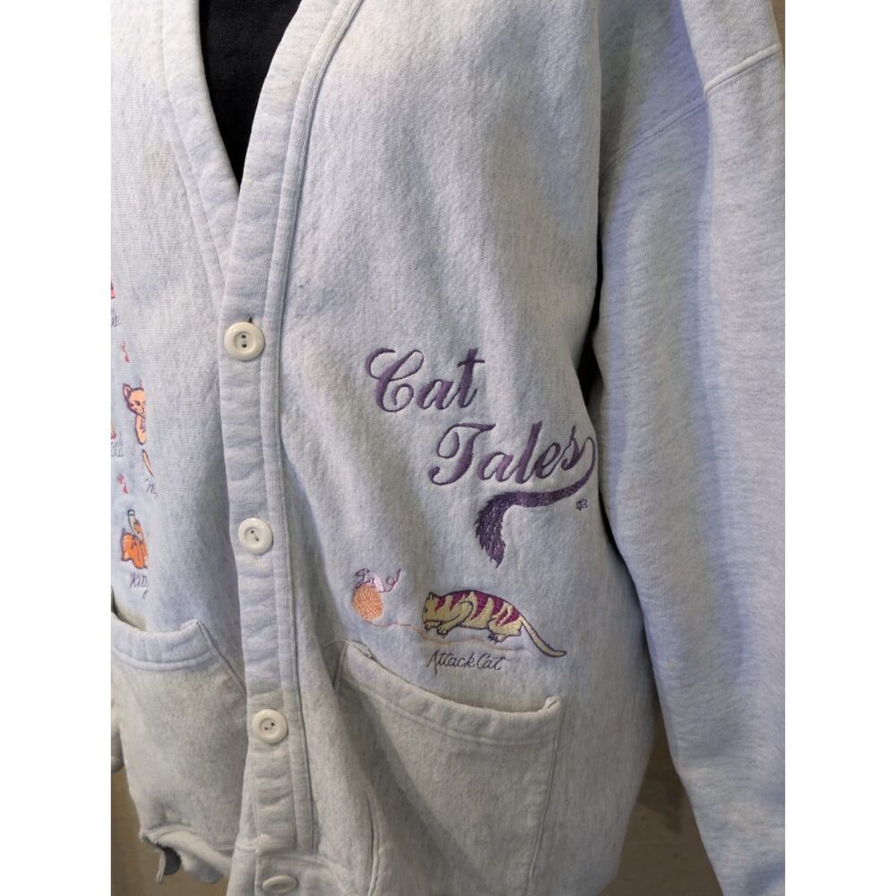 VTG B-Wear Cat Tales Embroidered Cardigan Sweatshirt XL Gray USA Cottagecore - Picture 4 of 7